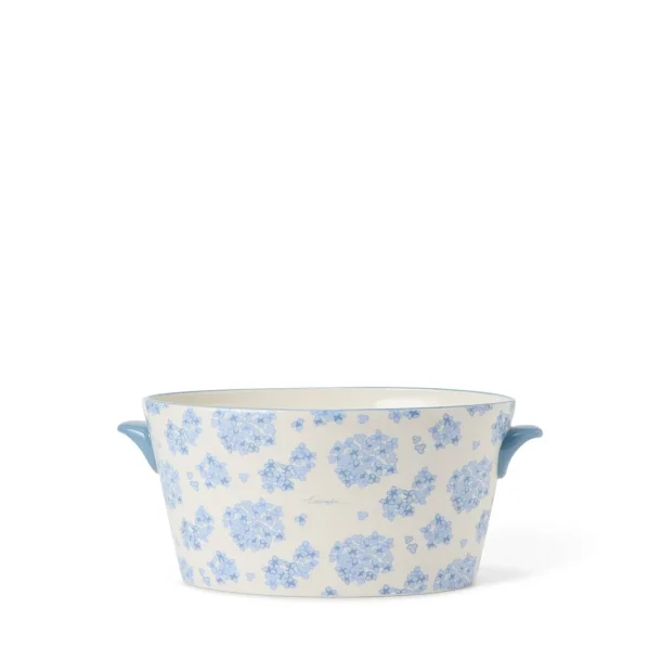 Lexington Floral Pot with Handles in Stoneware, White/blue