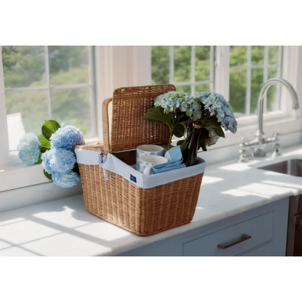 Lexington Picnic Basket in Rattan with Liner, Blue/white